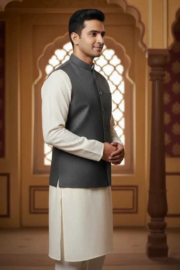 Light_Grey_Premium_Pattern_Velvet_Nehru_Jacket_Kurta_Pajama_Set_For_Men