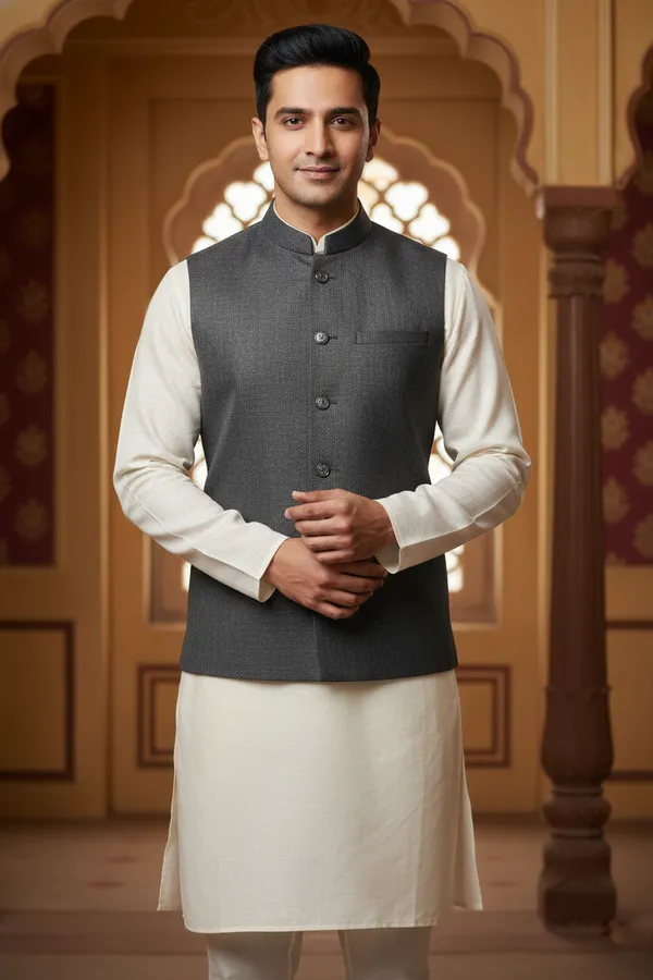 Light_Grey_Premium_Pattern_Velvet_Nehru_Jacket_Kurta_Pajama_Set_For_Men