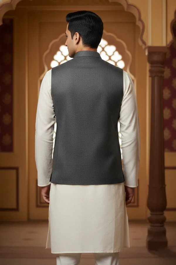 Light_Grey_Premium_Pattern_Velvet_Nehru_Jacket_Kurta_Pajama_Set_For_Men