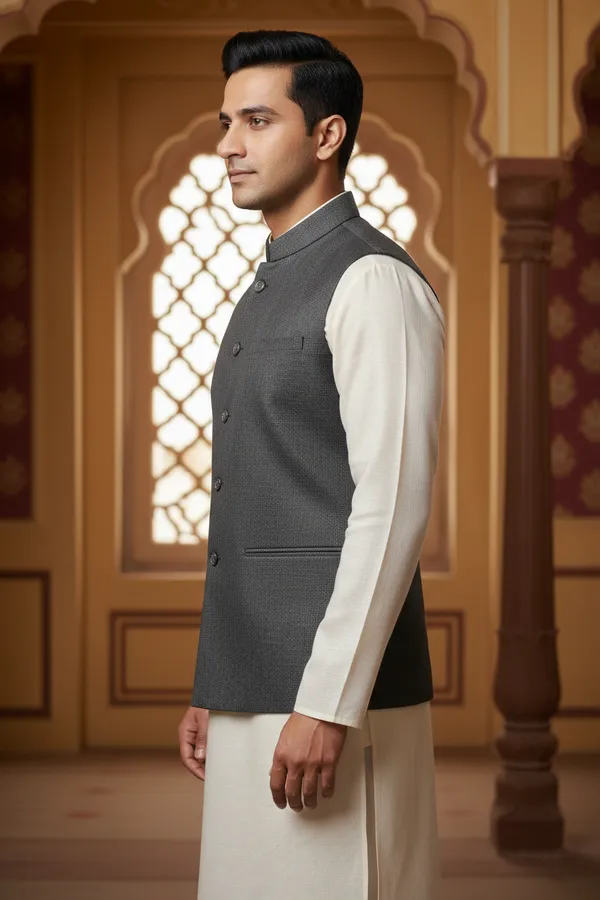 Light_Grey_Premium_Pattern_Velvet_Nehru_Jacket_Kurta_Pajama_Set_For_Men