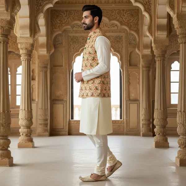 Floral_Multicolor_Premium_Pattern_Poly_Silk_Nehru_Jacket_Kurta_Pajama_Set_For_Men