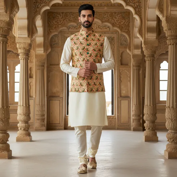 Floral_Multicolor_Premium_Pattern_Poly_Silk_Nehru_Jacket_Kurta_Pajama_Set_For_Men