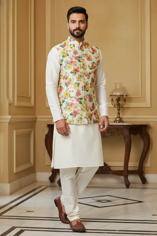 Multicolor_Premium_Pattern_Poly_Silk_Nehru_Jacket_Kurta_Pajama_Set_For_Men