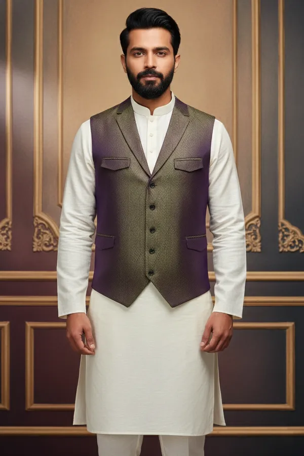 Olive_And_Purple_Premium_Pattern_Silk_Blend_Nehru_Jacket_Kurta_Pajama_Set_For_Men