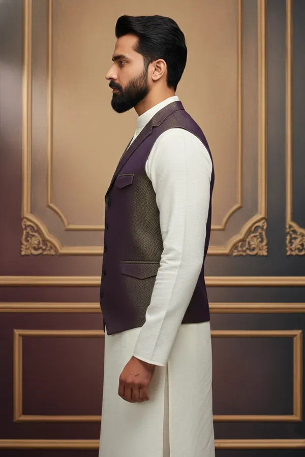 Olive_And_Purple_Premium_Pattern_Silk_Blend_Nehru_Jacket_Kurta_Pajama_Set_For_Men