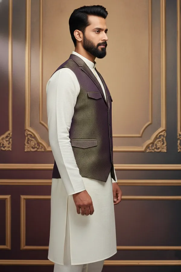Olive_And_Purple_Premium_Pattern_Silk_Blend_Nehru_Jacket_Kurta_Pajama_Set_For_Men