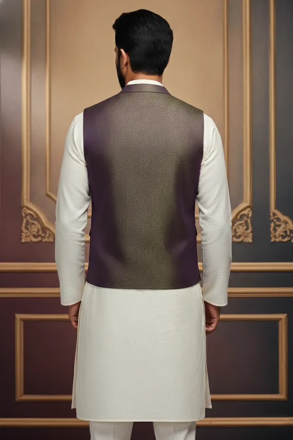 Olive_And_Purple_Premium_Pattern_Silk_Blend_Nehru_Jacket_Kurta_Pajama_Set_For_Men