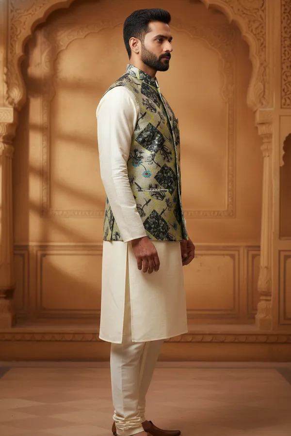 Geometric_Multicolor_Premium_Pattern_Poly_Silk_Nehru_Jacket_Kurta_Pajama_Set_For_Men