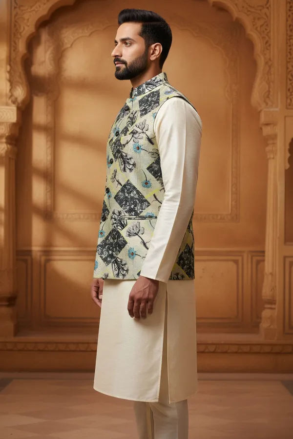 Geometric_Multicolor_Premium_Pattern_Poly_Silk_Nehru_Jacket_Kurta_Pajama_Set_For_Men