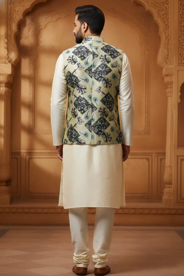Geometric_Multicolor_Premium_Pattern_Poly_Silk_Nehru_Jacket_Kurta_Pajama_Set_For_Men