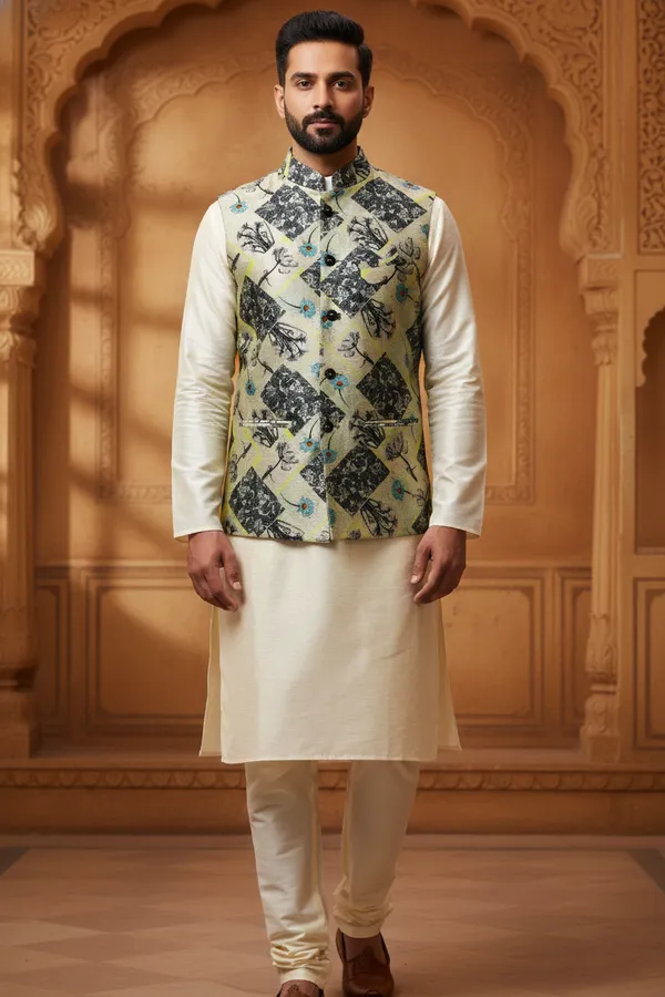 Geometric_Multicolor_Premium_Pattern_Poly_Silk_Nehru_Jacket_Kurta_Pajama_Set_For_Men
