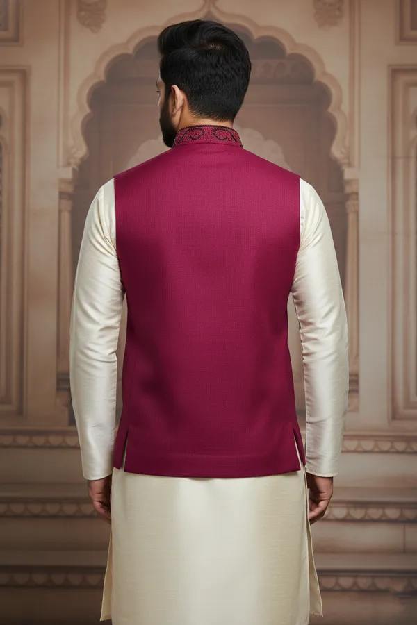 Wine_Premium_Pattern_Poly_Silk_Nehru_Jacket_Kurta_Pajama_Set_For_Men