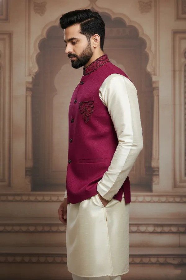 Wine_Premium_Pattern_Poly_Silk_Nehru_Jacket_Kurta_Pajama_Set_For_Men