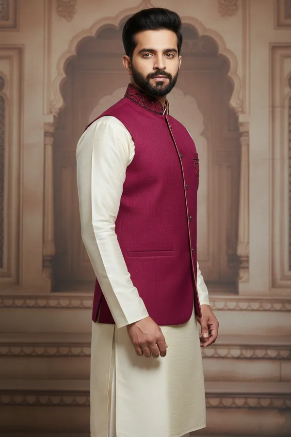 Wine_Premium_Pattern_Poly_Silk_Nehru_Jacket_Kurta_Pajama_Set_For_Men