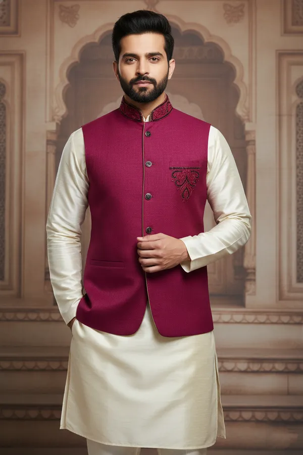 Wine_Premium_Pattern_Poly_Silk_Nehru_Jacket_Kurta_Pajama_Set_For_Men