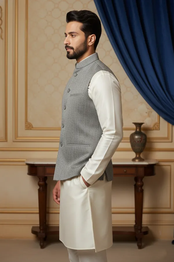 Grey_Premium_Pattern_Poly_Silk_Nehru_Jacket_Kurta_Pajama_Set_For_Men