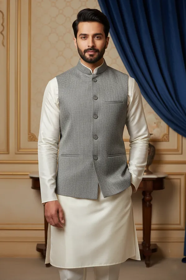 Grey_Premium_Pattern_Poly_Silk_Nehru_Jacket_Kurta_Pajama_Set_For_Men