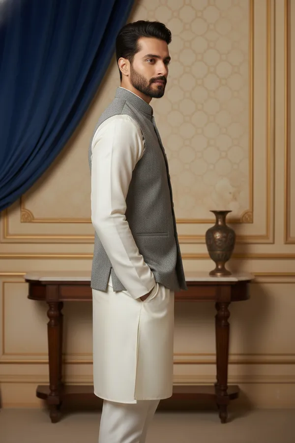 Grey_Premium_Pattern_Poly_Silk_Nehru_Jacket_Kurta_Pajama_Set_For_Men