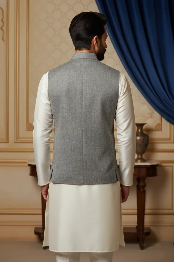 Grey_Premium_Pattern_Poly_Silk_Nehru_Jacket_Kurta_Pajama_Set_For_Men