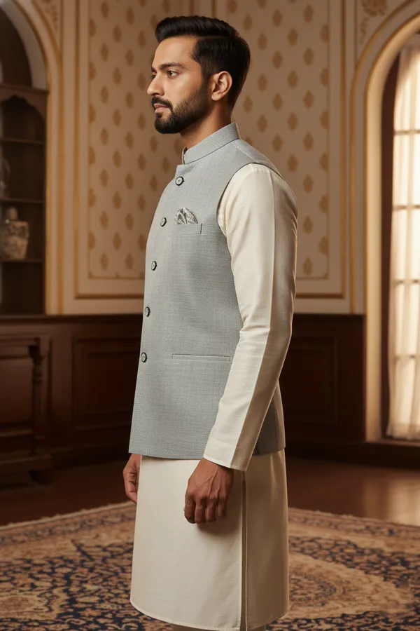 Light_Grey_Premium_Pattern_Jacquard_Silk_Nehru_Jacket_Kurta_Pajama_Set_For_Men