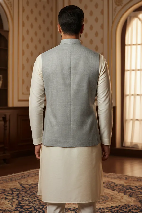 Light_Grey_Premium_Pattern_Jacquard_Silk_Nehru_Jacket_Kurta_Pajama_Set_For_Men
