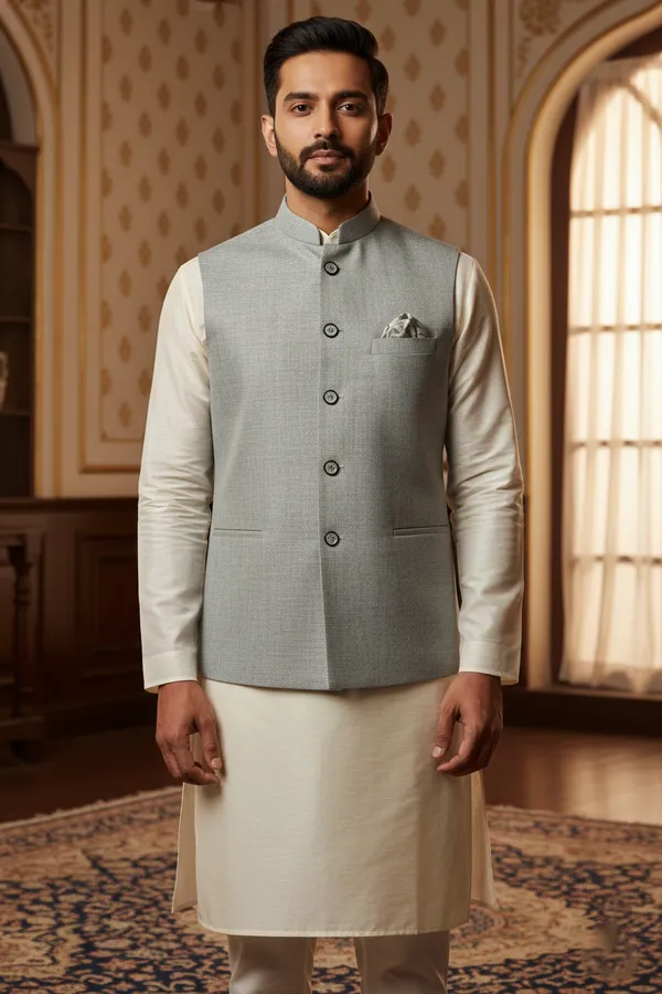Light_Grey_Premium_Pattern_Jacquard_Silk_Nehru_Jacket_Kurta_Pajama_Set_For_Men