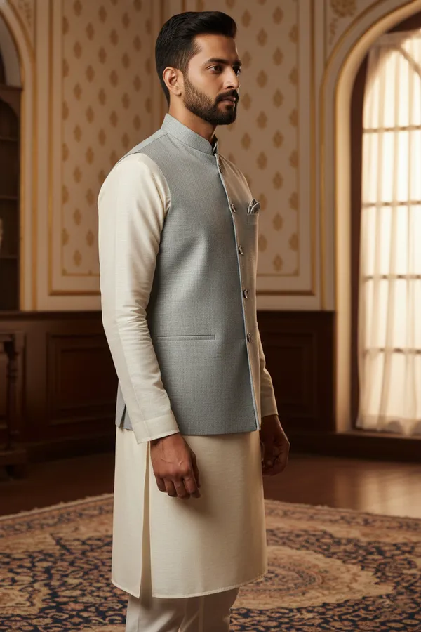 Light_Grey_Premium_Pattern_Jacquard_Silk_Nehru_Jacket_Kurta_Pajama_Set_For_Men