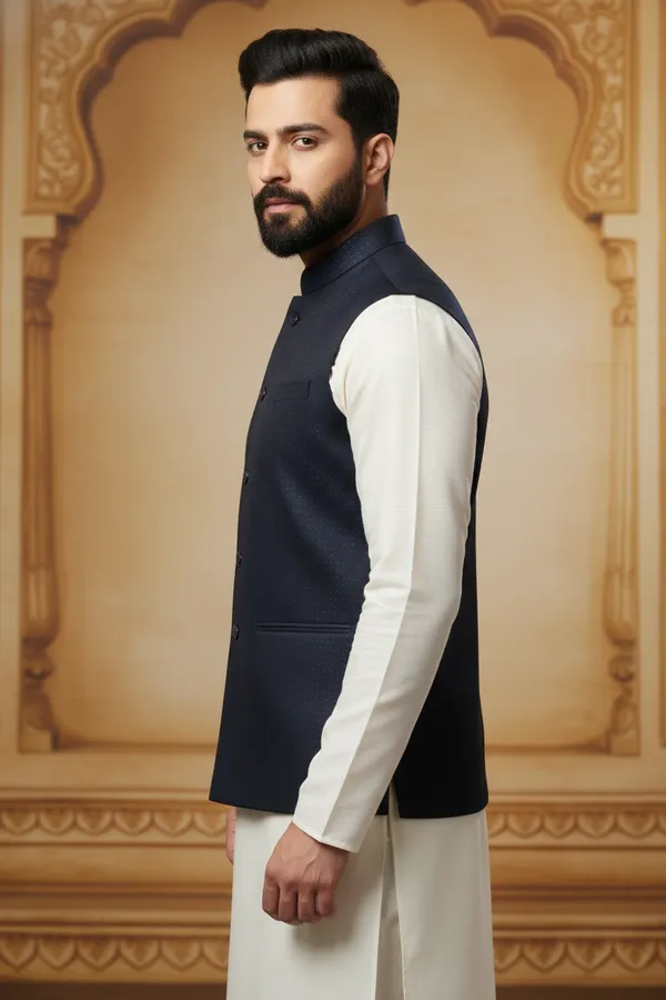 Navy_Blue_Premium_Pattern_Poly_Silk_Nehru_Jacket_Kurta_Pajama_Set_For_Men