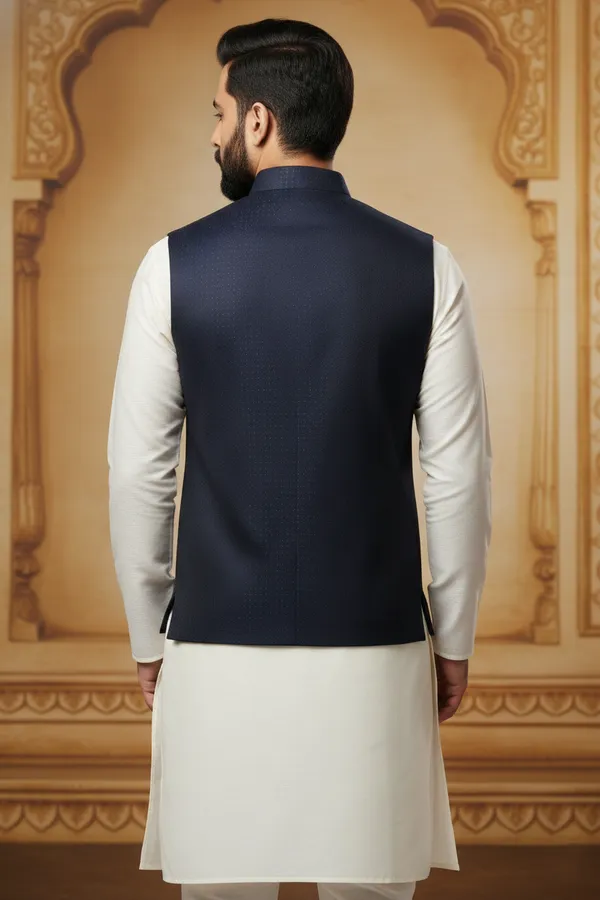 Navy_Blue_Premium_Pattern_Poly_Silk_Nehru_Jacket_Kurta_Pajama_Set_For_Men