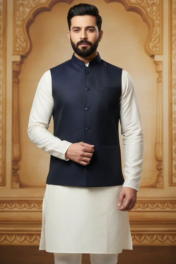 Navy_Blue_Premium_Pattern_Poly_Silk_Nehru_Jacket_Kurta_Pajama_Set_For_Men