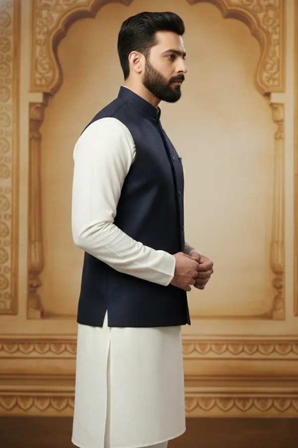 Navy_Blue_Premium_Pattern_Poly_Silk_Nehru_Jacket_Kurta_Pajama_Set_For_Men