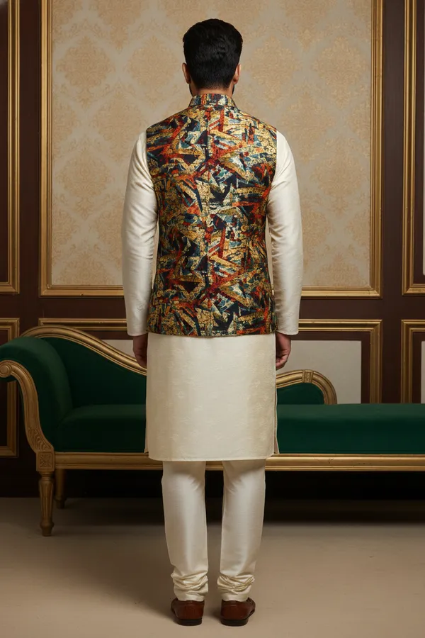 Geometric_Multicolor_Premium_Pattern_Poly_Silk_Nehru_Jacket_Kurta_Pajama_Set_For_Men