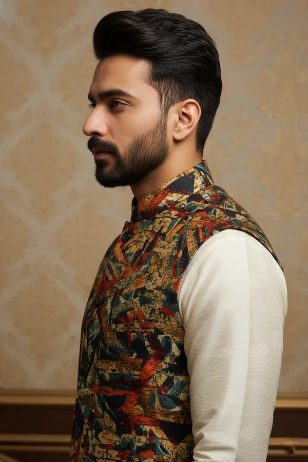Geometric_Multicolor_Premium_Pattern_Poly_Silk_Nehru_Jacket_Kurta_Pajama_Set_For_Men