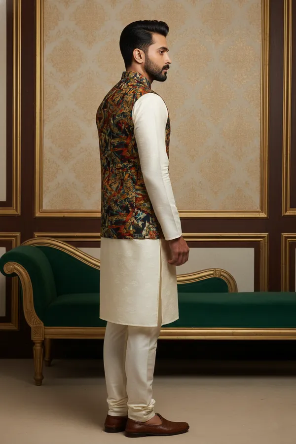Geometric_Multicolor_Premium_Pattern_Poly_Silk_Nehru_Jacket_Kurta_Pajama_Set_For_Men