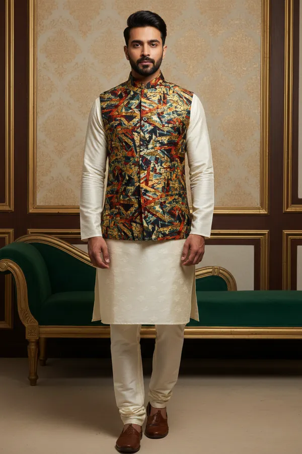 Geometric_Multicolor_Premium_Pattern_Poly_Silk_Nehru_Jacket_Kurta_Pajama_Set_For_Men