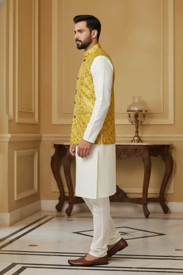 Mustard_Premium_Pattern_Brocade_Silk_Nehru_Jacket_Kurta_Pajama_Set_For_Men