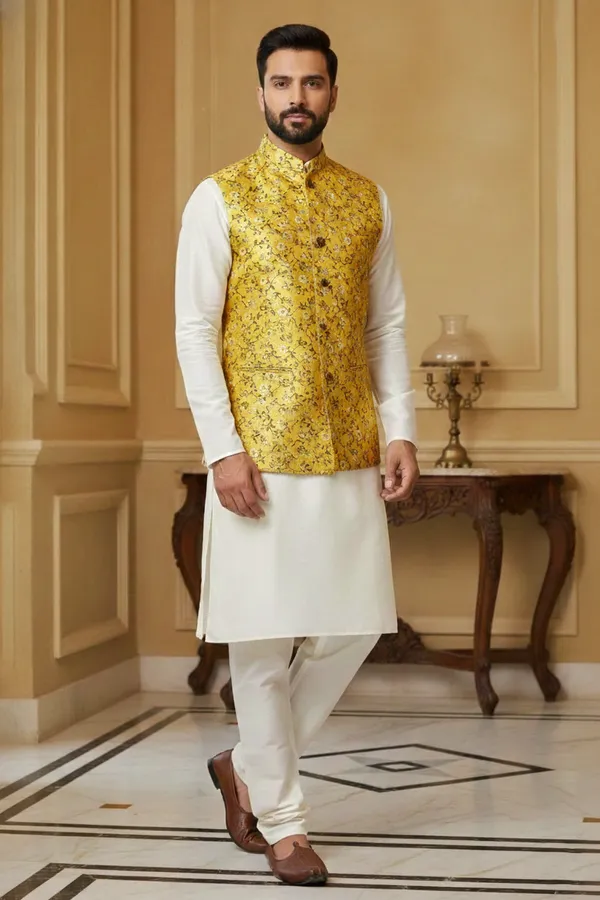 Mustard_Premium_Pattern_Brocade_Silk_Nehru_Jacket_Kurta_Pajama_Set_For_Men