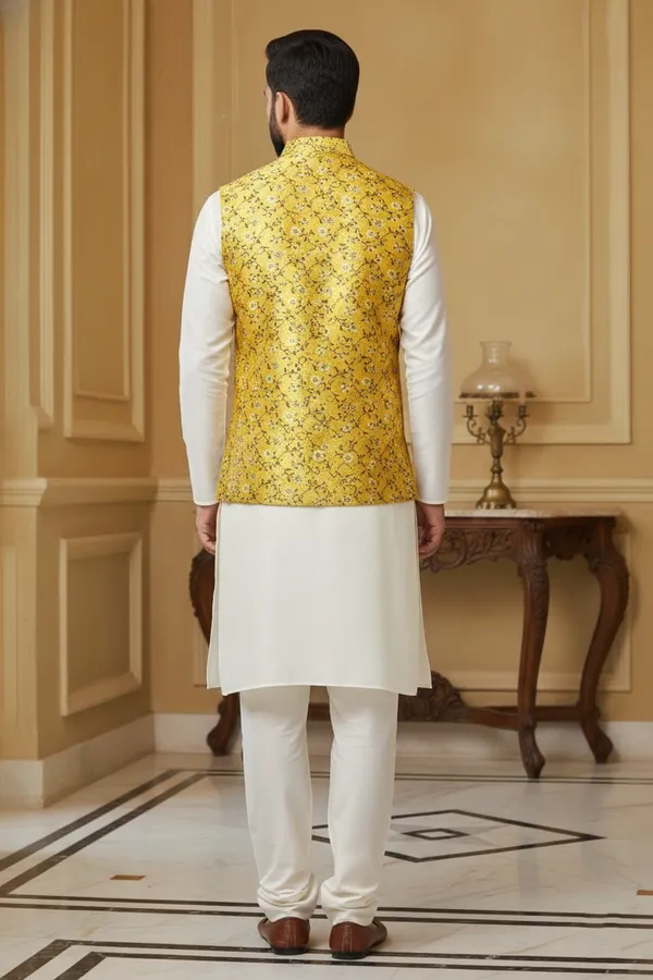Mustard_Premium_Pattern_Brocade_Silk_Nehru_Jacket_Kurta_Pajama_Set_For_Men