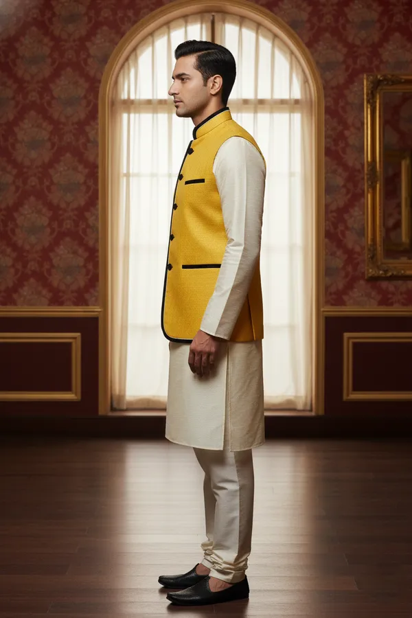 Yellow_And_Black_Premium_Pattern_Poly_Silk_Nehru_Jacket_Kurta_Pajama_Set_For_Men