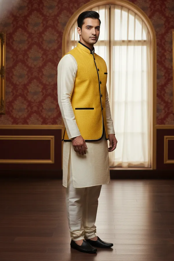 Yellow_And_Black_Premium_Pattern_Poly_Silk_Nehru_Jacket_Kurta_Pajama_Set_For_Men