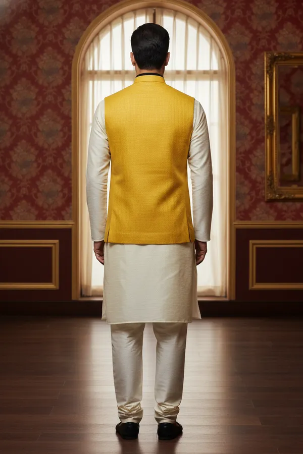 Yellow_And_Black_Premium_Pattern_Poly_Silk_Nehru_Jacket_Kurta_Pajama_Set_For_Men