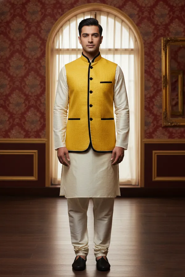 Yellow_And_Black_Premium_Pattern_Poly_Silk_Nehru_Jacket_Kurta_Pajama_Set_For_Men