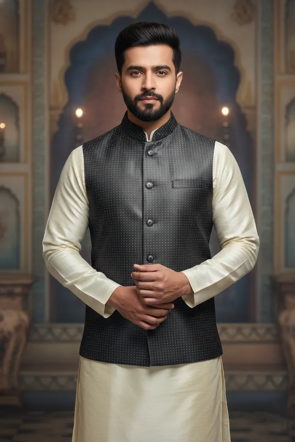Charcoal_Grey_Premium_Pattern_Poly_Silk_Nehru_Jacket_Kurta_Pajama_Set_For_Men