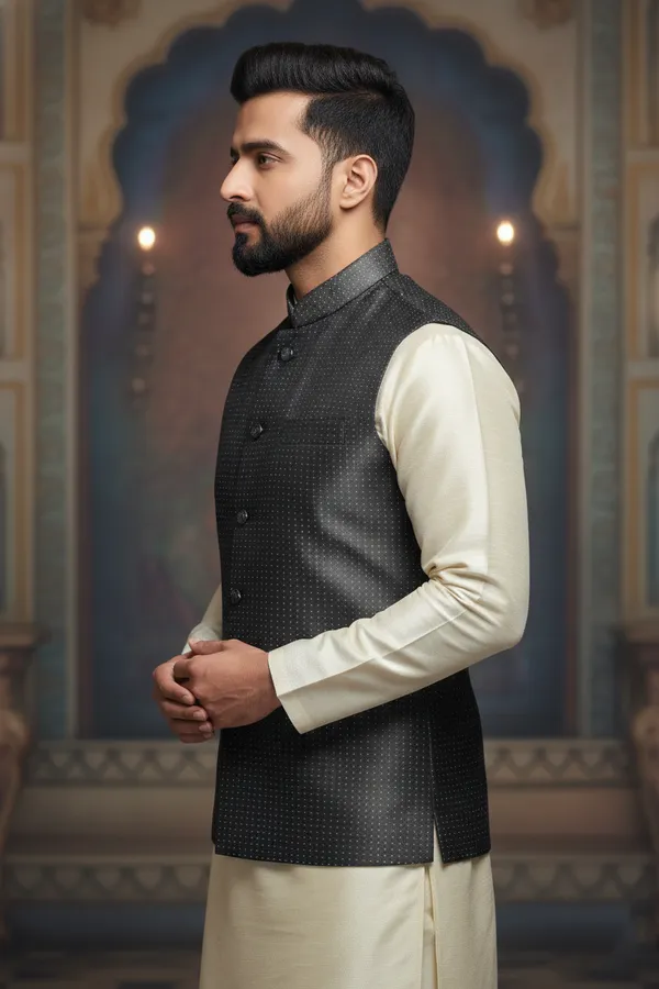 Charcoal_Grey_Premium_Pattern_Poly_Silk_Nehru_Jacket_Kurta_Pajama_Set_For_Men