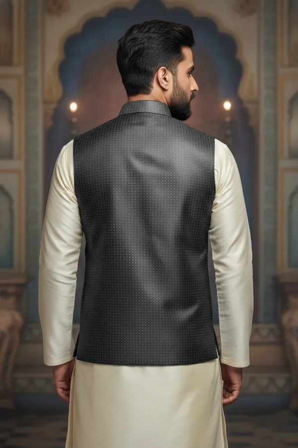 Charcoal_Grey_Premium_Pattern_Poly_Silk_Nehru_Jacket_Kurta_Pajama_Set_For_Men