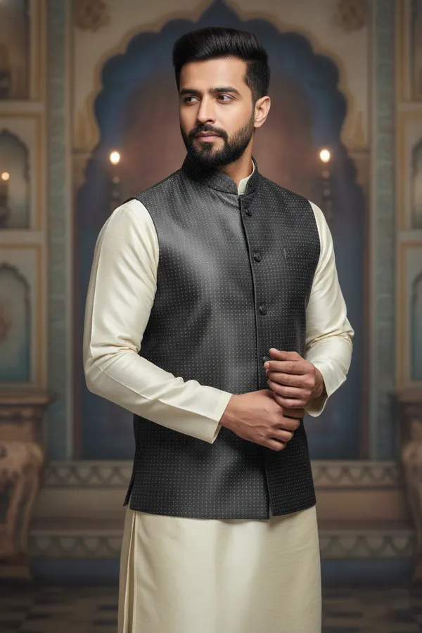 Charcoal_Grey_Premium_Pattern_Poly_Silk_Nehru_Jacket_Kurta_Pajama_Set_For_Men