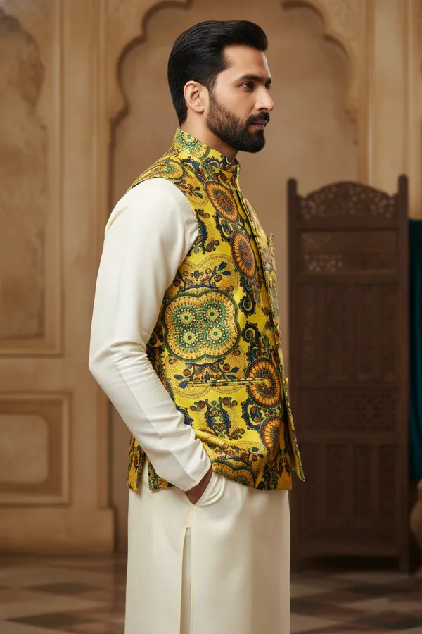 Multicolor_Premium_Pattern_Poly_Silk_Nehru_Jacket_Kurta_Pajama_Set_For_Men