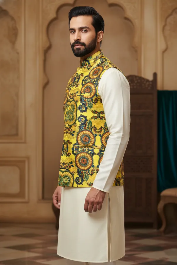 Multicolor_Premium_Pattern_Poly_Silk_Nehru_Jacket_Kurta_Pajama_Set_For_Men