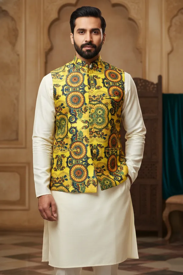 Multicolor_Premium_Pattern_Poly_Silk_Nehru_Jacket_Kurta_Pajama_Set_For_Men