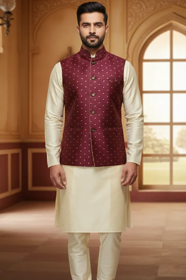 Maroon_Premium_Pattern_Poly_Silk_Nehru_Jacket_Kurta_Pajama_Set_For_Men